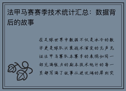 法甲马赛赛季技术统计汇总：数据背后的故事