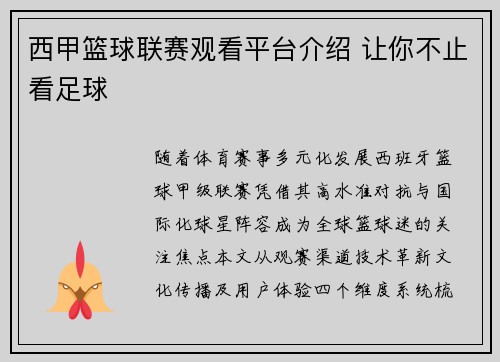 西甲篮球联赛观看平台介绍 让你不止看足球